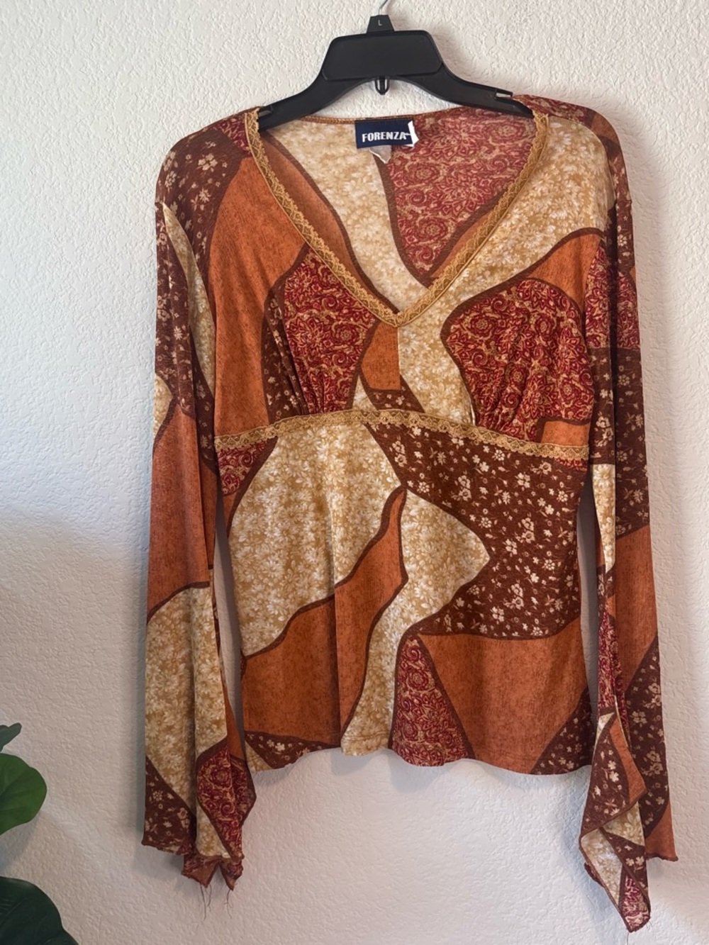 Forenza Patchwork V-Neck Long Sleeve Top - Rust, Brown, Cream